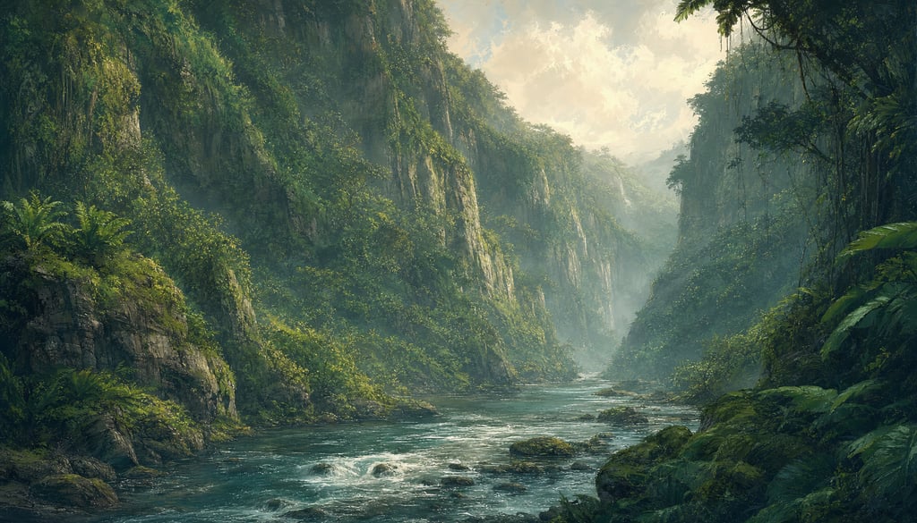 An ultra-wide cinematic painterly digital matte painting of a deep tropical jungle canyon with steep
