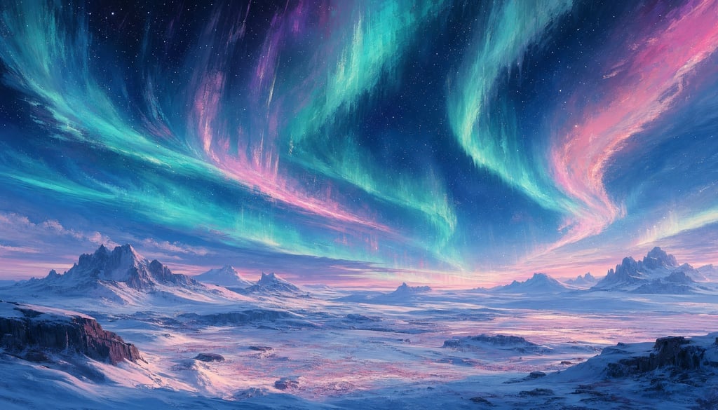 An ultra-wide cinematic painterly digital matte painting of the Aurora Borealis dancing over a vast