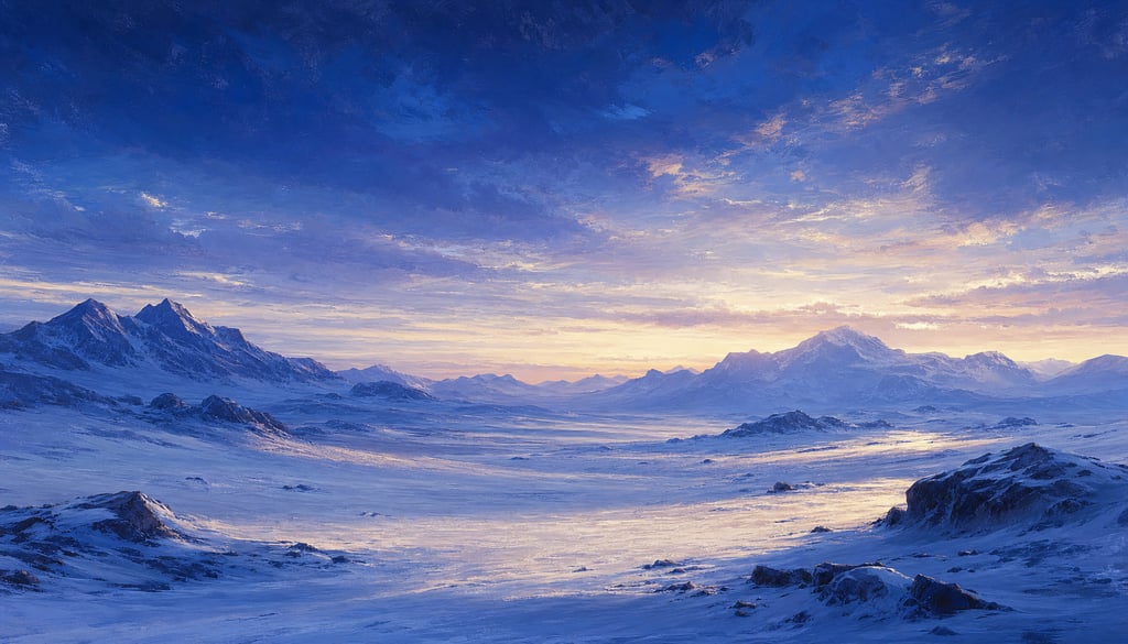 An ultra-wide cinematic painterly digital matte painting of a vast snowy plain with distant low moun