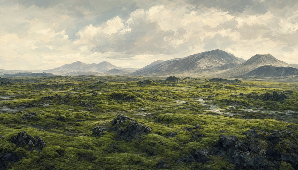 An ultra-wide cinematic painterly digital matte painting of an Iceland moss-covered lava plain exten
