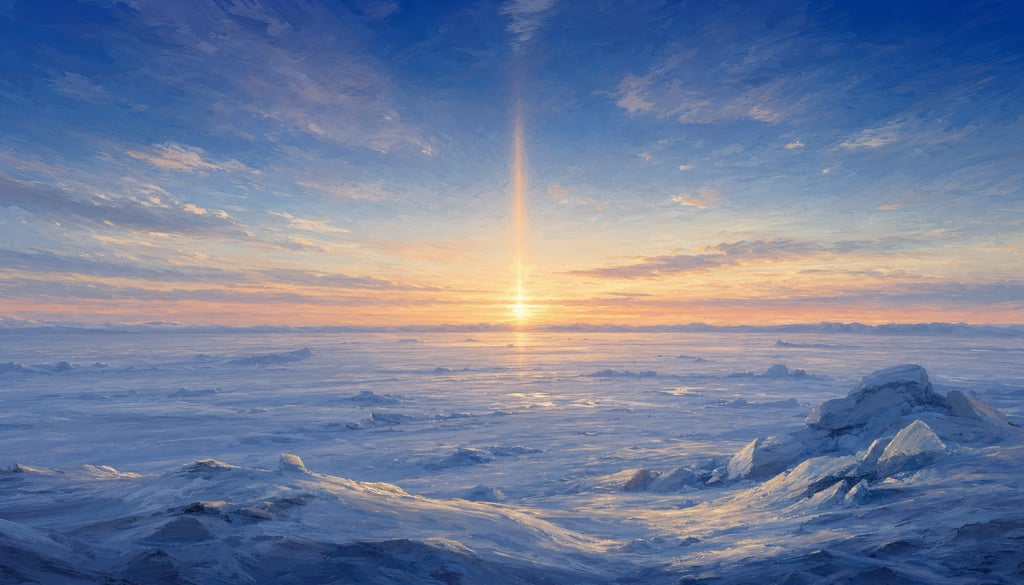 An ultra-wide cinematic painterly digital matte painting of an Arctic plain with a vertical sun pill
