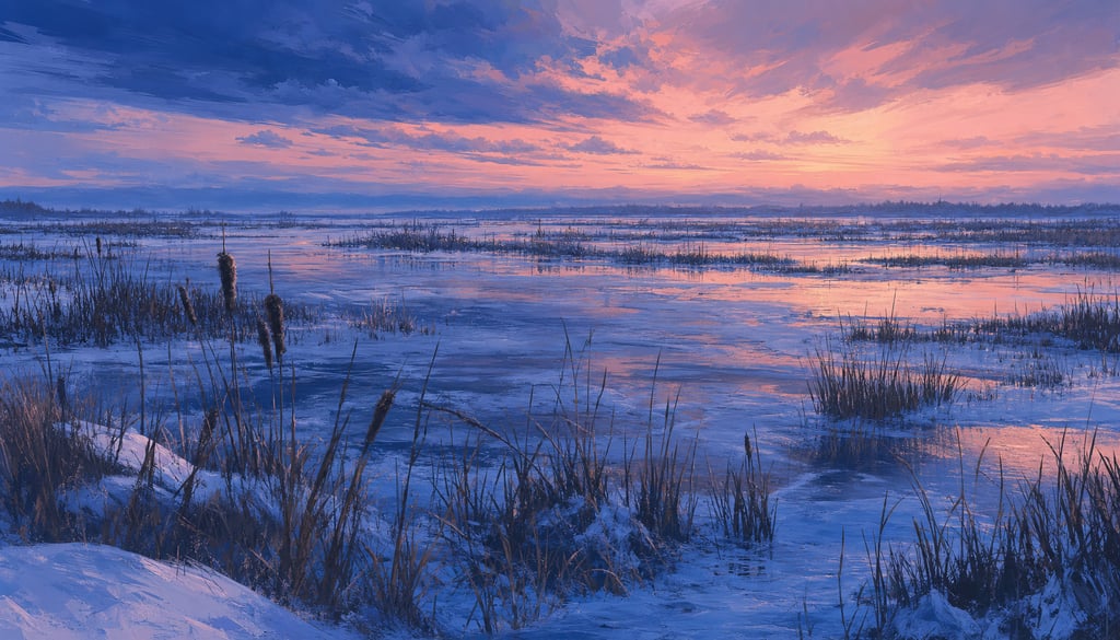 An ultra-wide cinematic painterly digital matte painting of a snow-covered marsh at twilight with ca