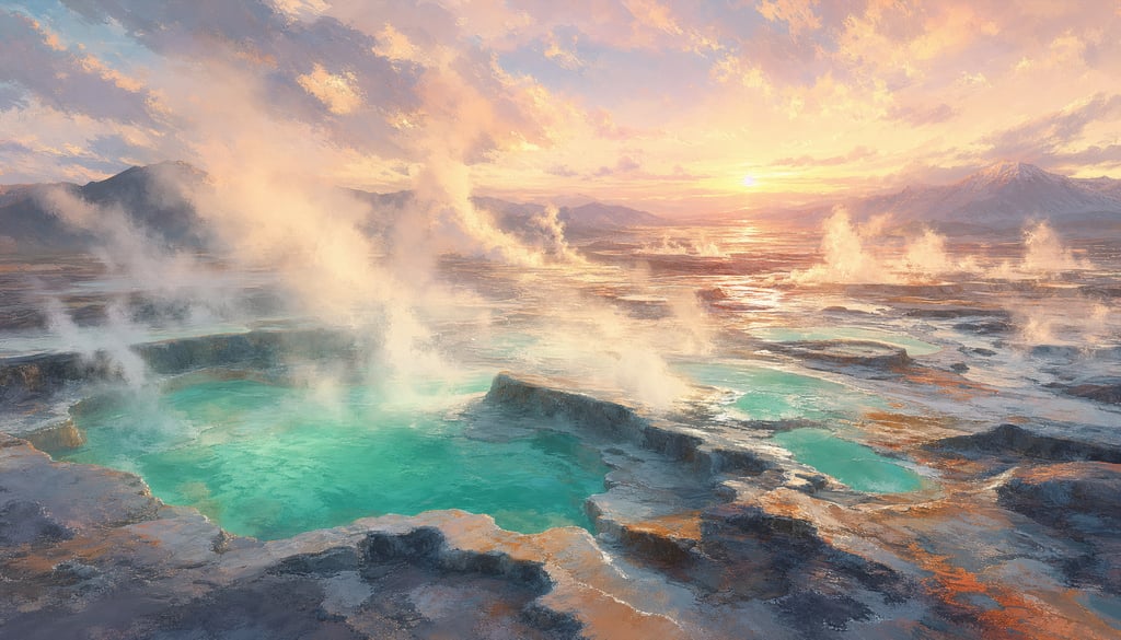 An ultra-wide cinematic painterly digital matte painting of geothermal pools with rising steam at su