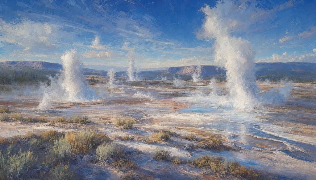An ultra-wide cinematic painterly digital matte painting of a geyser basin steaming in cold morning