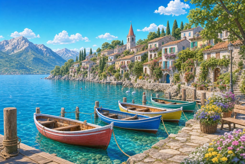 Quaint lakeside village with colorful rowboats tied to a wooden dock under a vivid blue sk