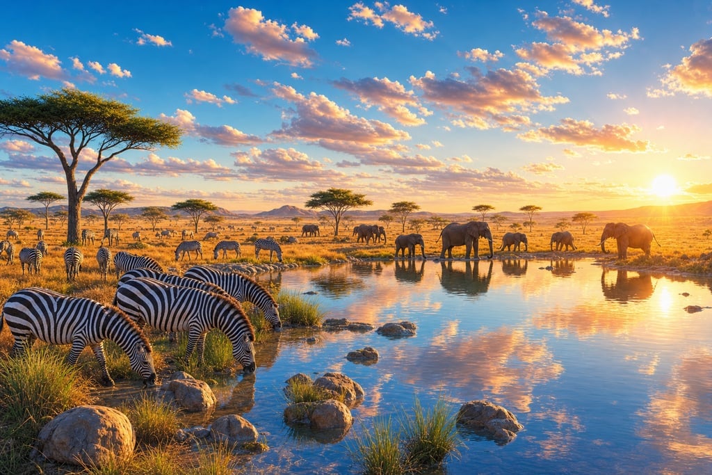 Vast savanna with herds of zebras and elephants under a brilliant sunrise in the African b