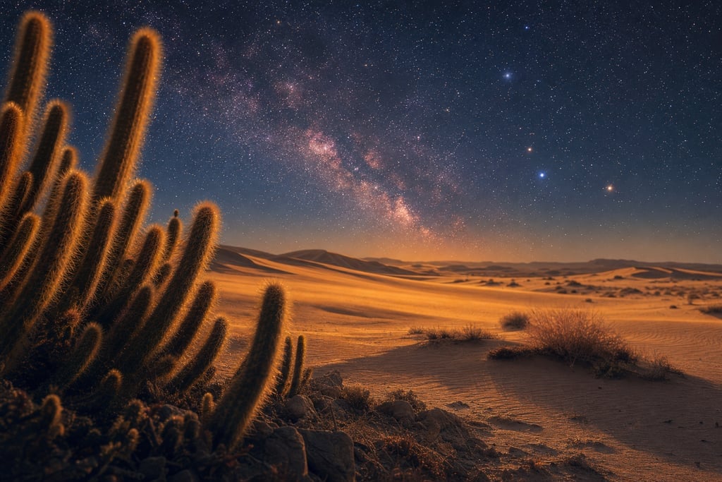 Dream-like desert with golden sand dunes under a vibrant, starry night sky