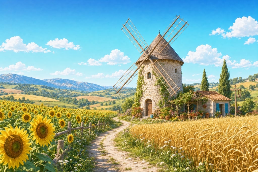 Vibrant rural landscape with a rustic windmill surrounded by fields of golden wheat and su