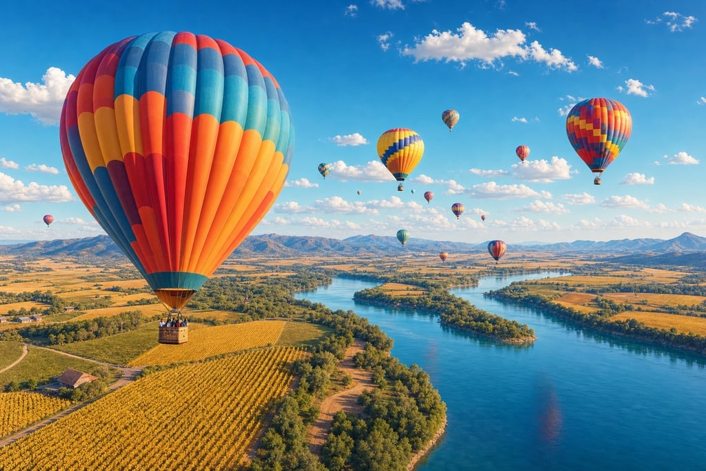 Colorful hot air balloons soaring over a sprawling landscape of golden fields and river