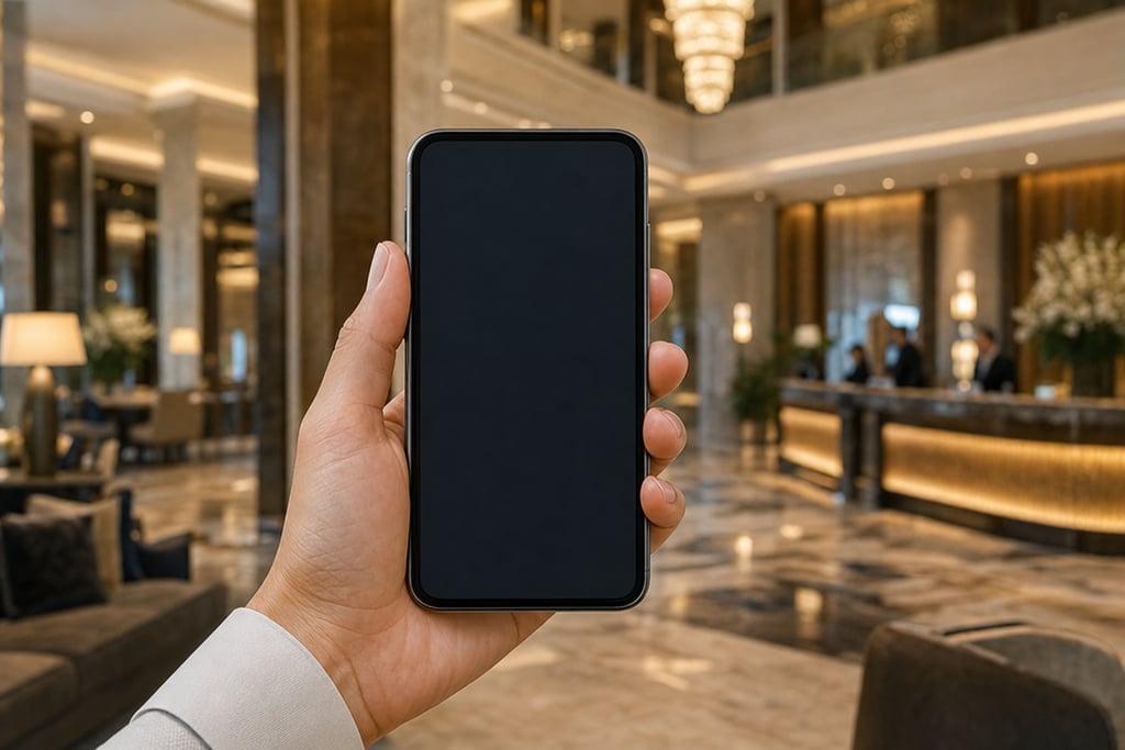 Smartphone with a blank screen being held at a lavish hotel lobby with contemporary decor