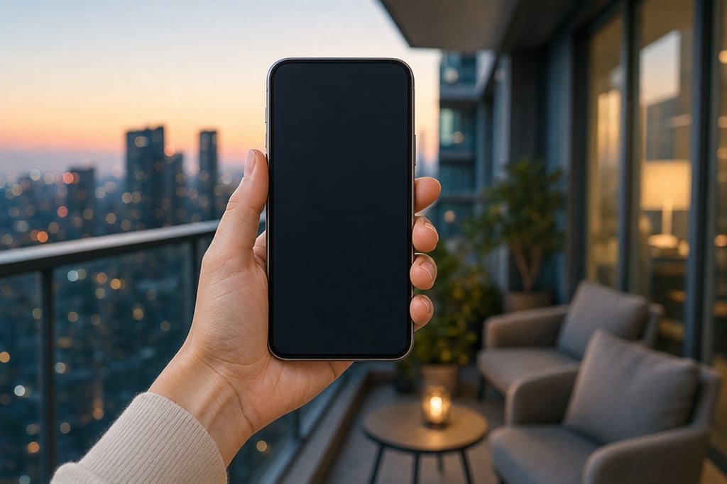 Hand holding a smartphone with a blank screen at a high-rise apartment balcony