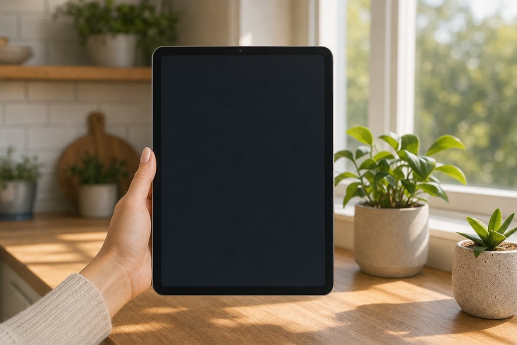 Woman’s hand showcasing a tablet next to houseplants on a sunlit kitchen counter