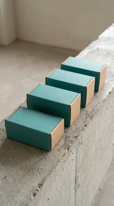 Kraft cardboard box, diagonal row of four boxes, matte teal finish