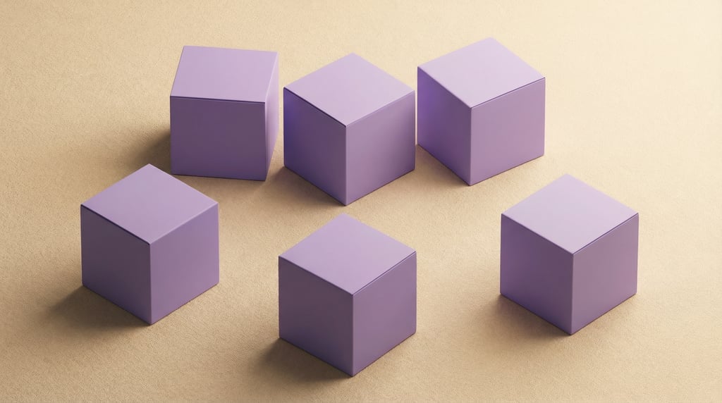 Isometric view, cube-shaped box, scattered arrangement of five boxes, matte lavender finish