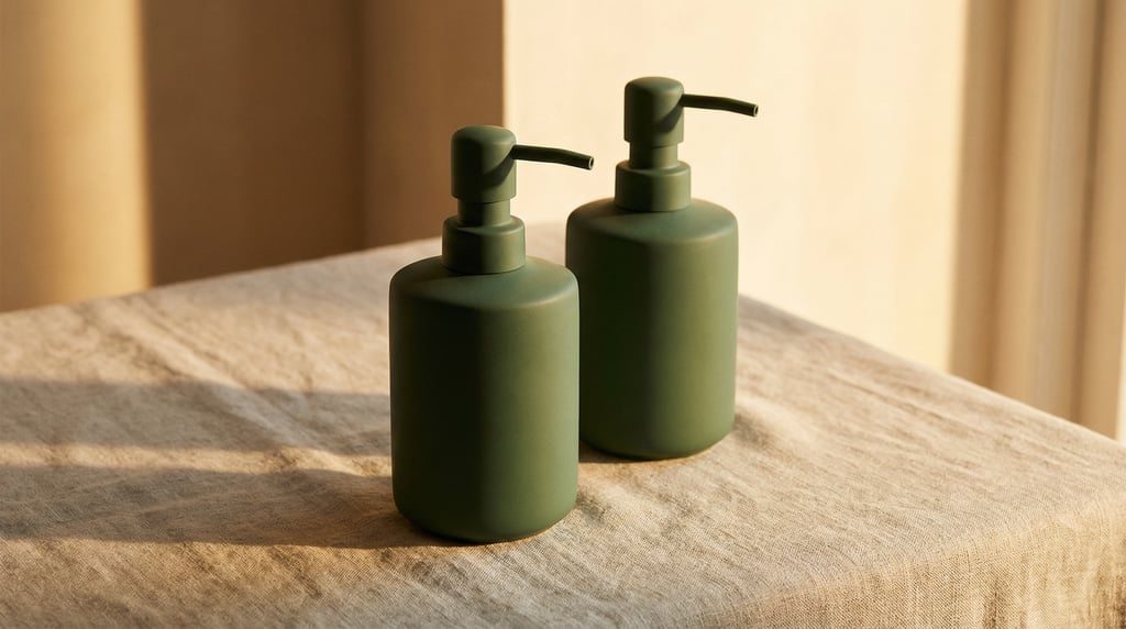 Soap dispenser in matte forest green, two overlapping slightly