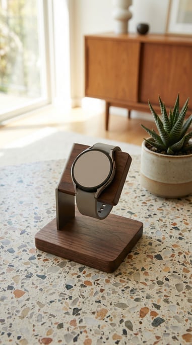 Smartwatch on a stand on a terrazzo surface, blank solid warm grey watch face with no content