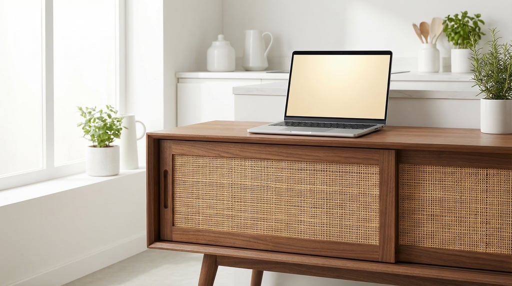 Lightweight laptop on a mid-century modern credenza