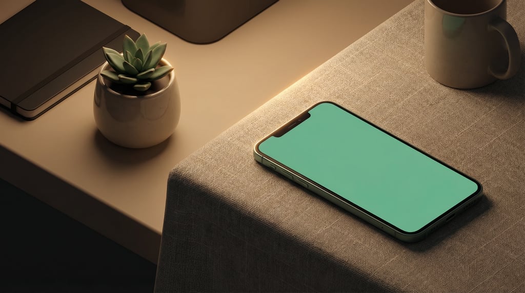 Isometric view, large-screen smartphone on a linen tablecloth