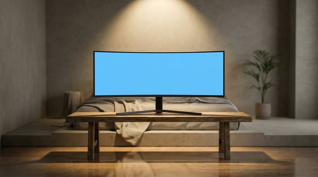 Ultrawide curved monitor on a wooden bench, blank solid sky blue screen with no content or UI