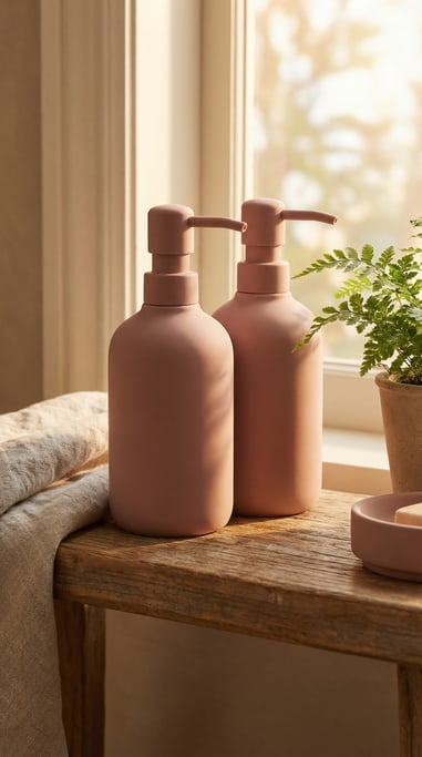 Pump dispenser bottle in matte dusty rose, two overlapping slightly