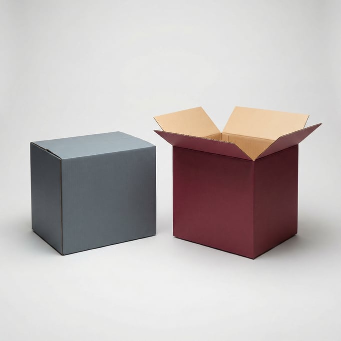 Large shipping box, pair of boxes one open one closed, each a different color — matte slate grey