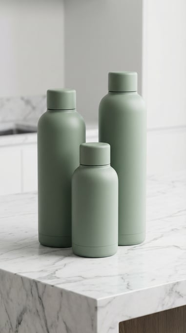Water bottle in matte sage, cluster of three different sizes