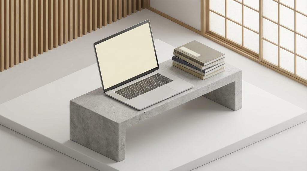 Isometric view, lightweight laptop on a concrete bench
