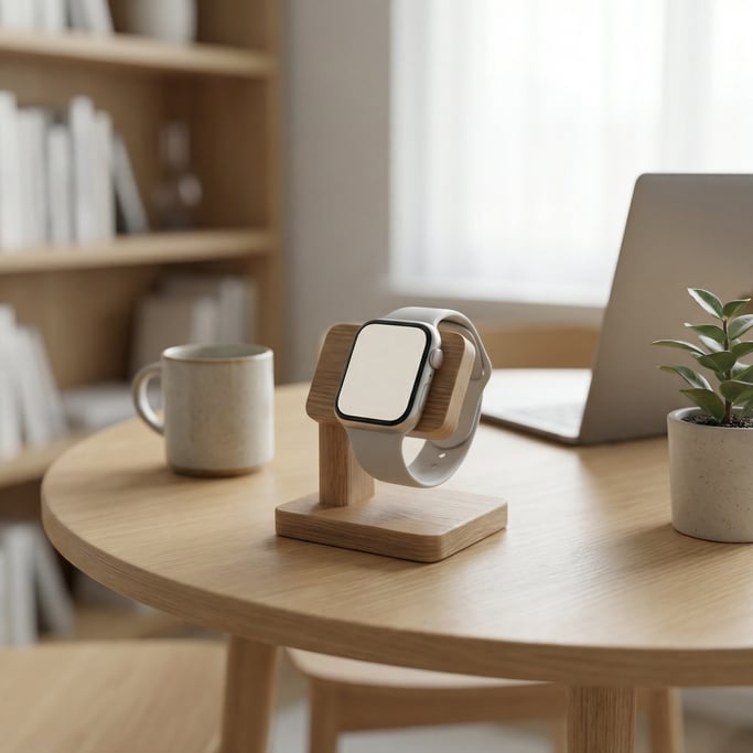 Smartwatch on a stand on a cafe table, blank solid pearl watch face with no content