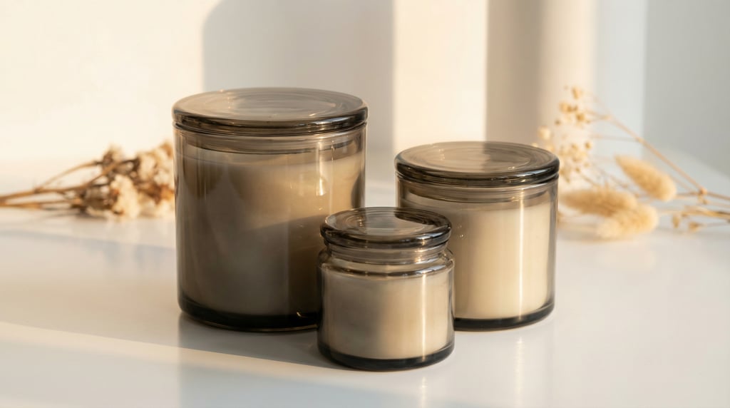 Candle jar with lid in smoked glass, cluster of three different sizes