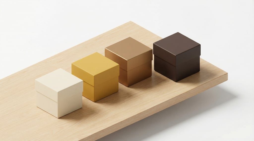 Isometric view, small square gift box, four boxes arranged at slight angles