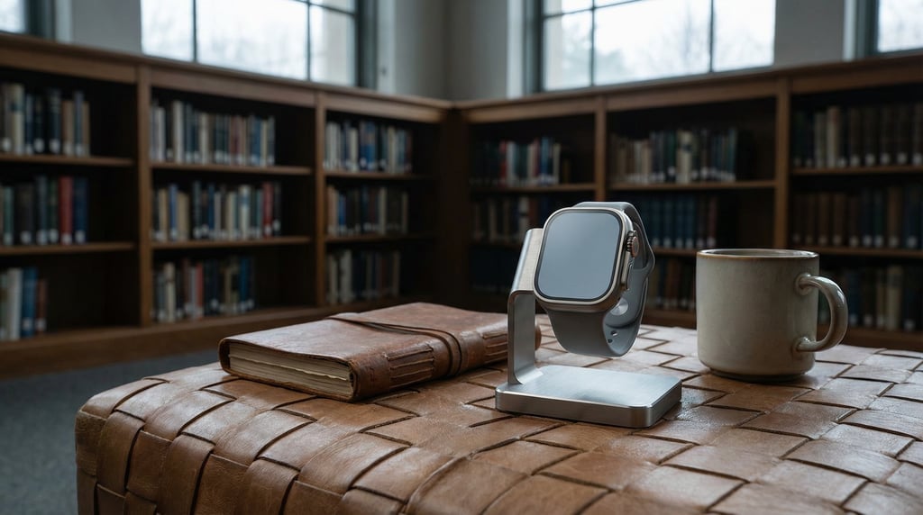 Smartwatch on a stand on a ottoman surface, blank solid cool grey watch face with no content