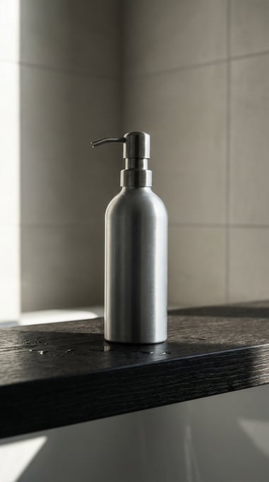 Pump dispenser bottle in brushed aluminum, single centered on a clean surface
