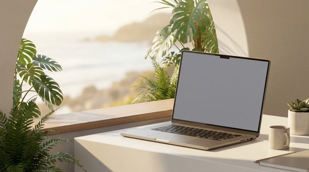 Isometric view, premium laptop on a window ledge