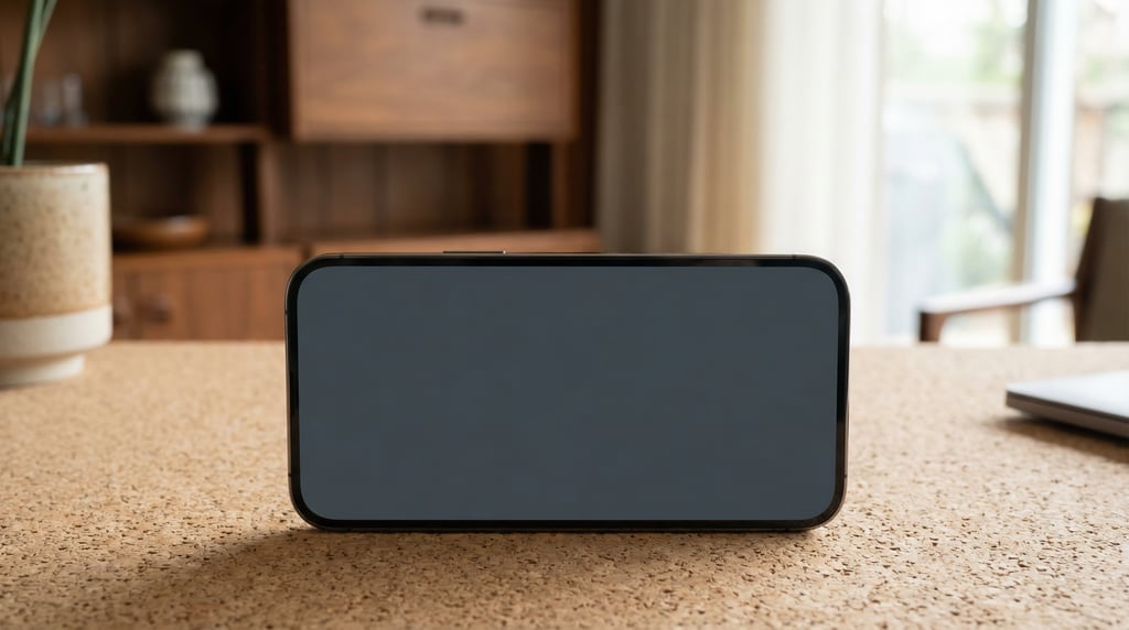 Large-screen smartphone on a cork desk surface, blank solid charcoal screen with no content or UI