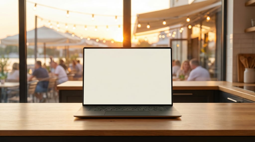 Modern laptop with thin bezels on a kitchen island countertop