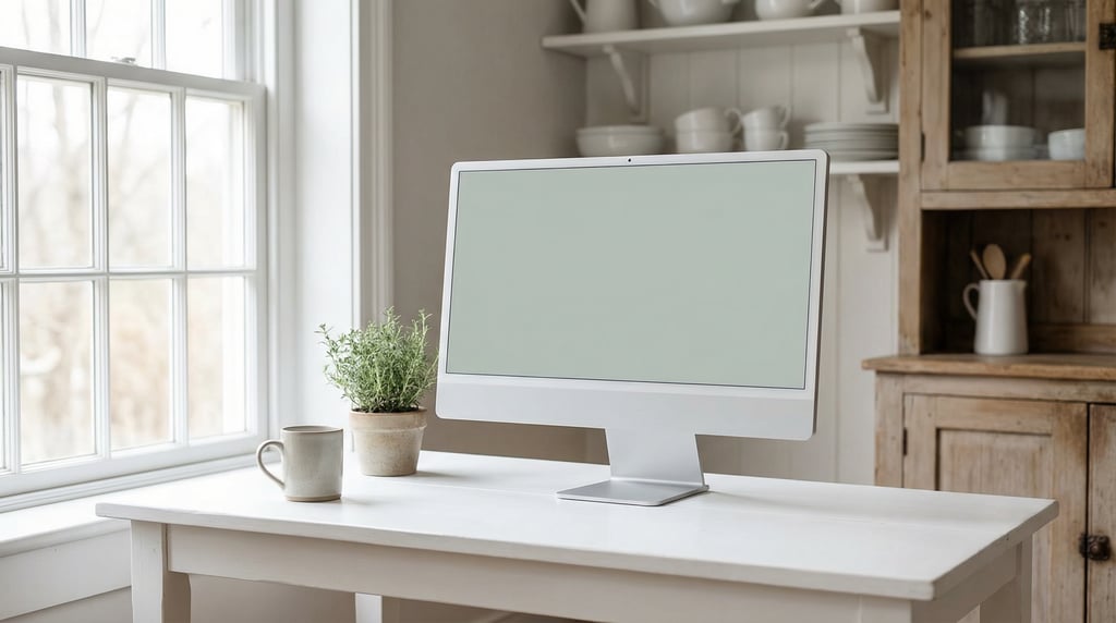 Desktop monitor on a clean minimal white desk, blank solid pale grey screen with no content or UI