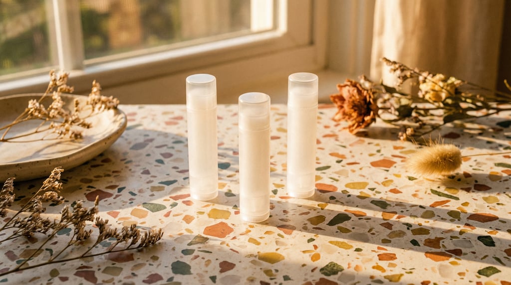 Lip balm tube in frosted clear, three arranged in a triangle