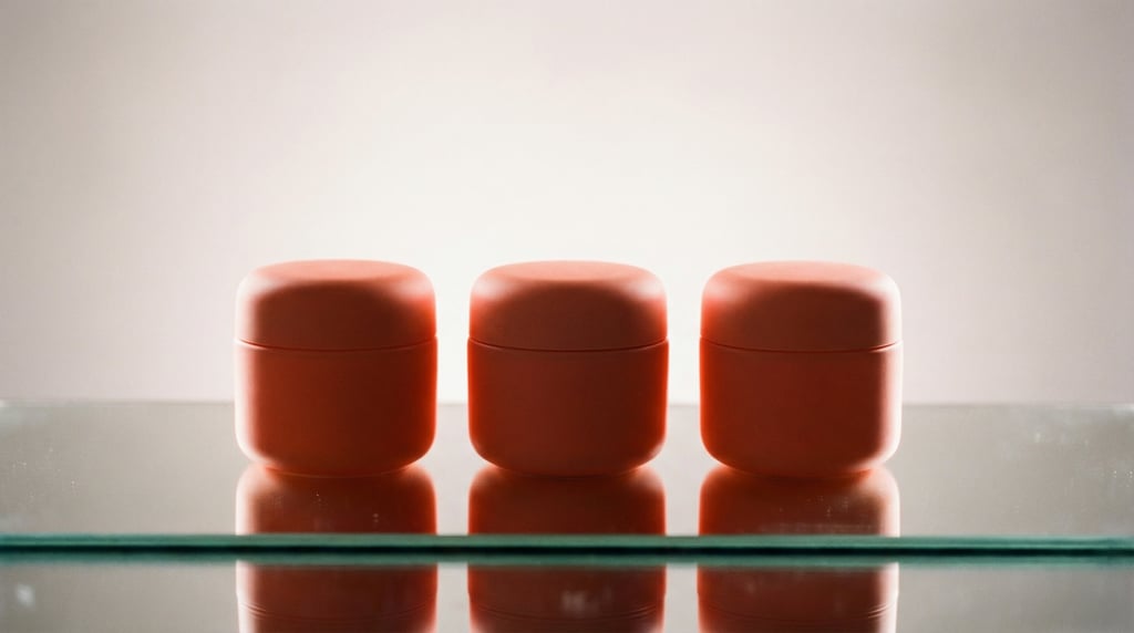 Small round jar in matte coral, three in a row, completely blank with no text labels or branding