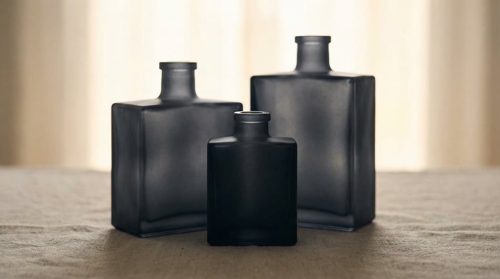 Square glass bottle in matte charcoal, cluster of three different sizes
