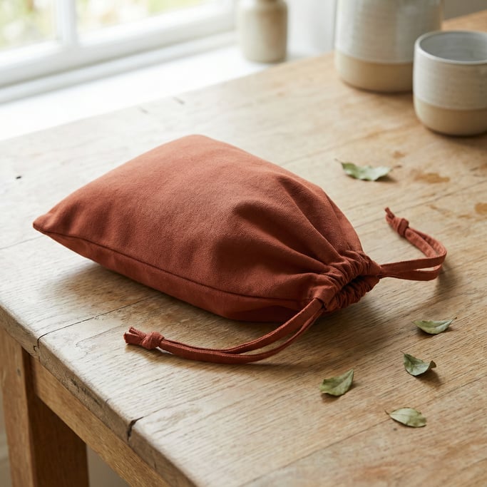 Drawstring pouch bag in matte rust, lying on its side