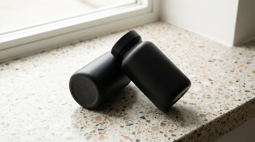 Medicine bottle in matte black, two overlapping slightly