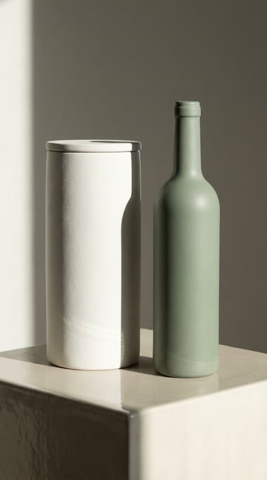 Tall apothecary jar in matte white and wine bottle in matte sage