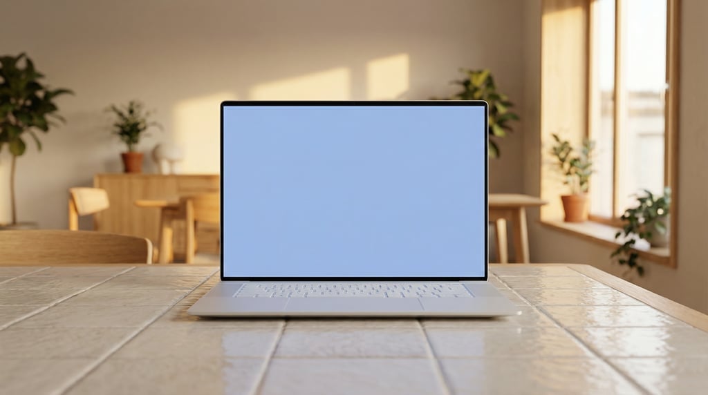Modern laptop with thin bezels on a ceramic tile surface