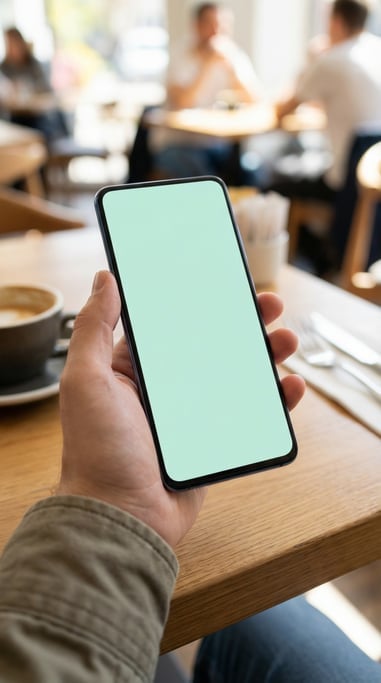 Hand holding a slim smartphone at a table in a restaurant