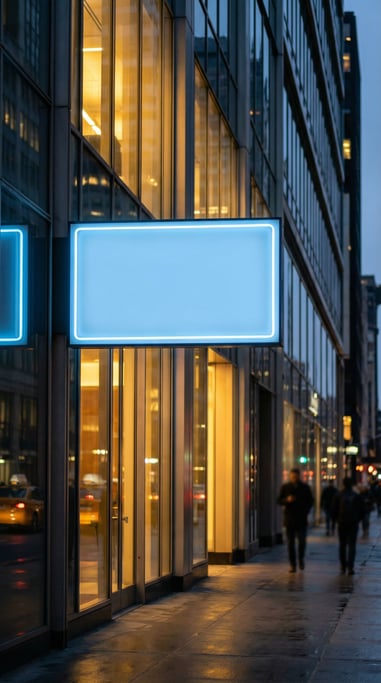 Neon-style sign on a modern building exterior with glass panels