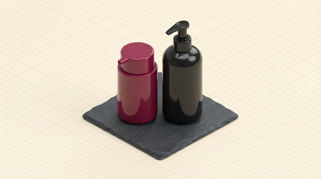 Isometric view, soap dispenser in glossy burgundy and pump dispenser bottle in glossy black