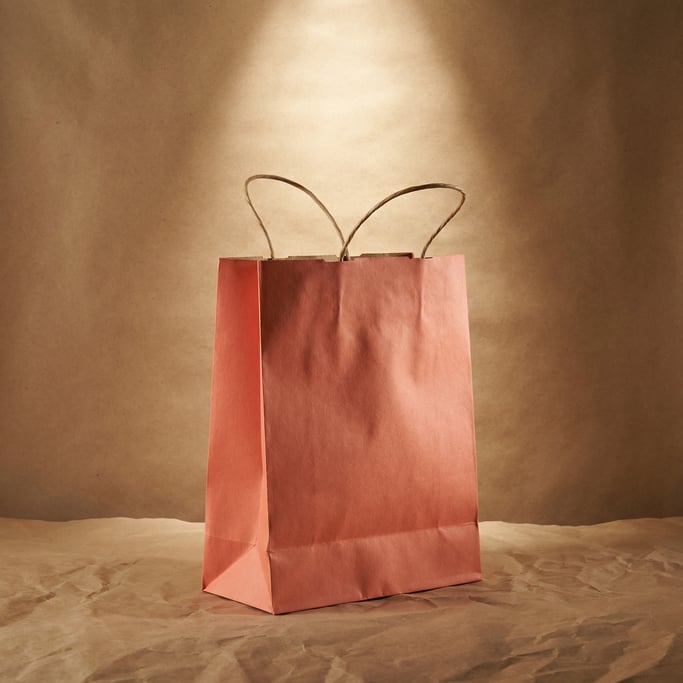 Kraft paper shopping bag in matte coral, standing with handles spread