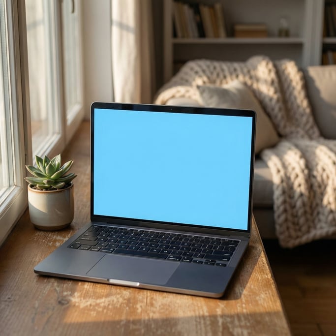 Thin modern laptop on a windowsill, blank solid sky blue screen with no content or UI