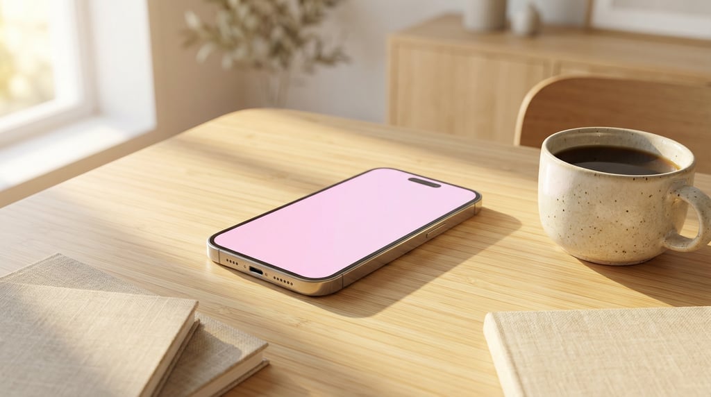 Premium smartphone on a bamboo desk, blank solid soft pink screen with no content or UI