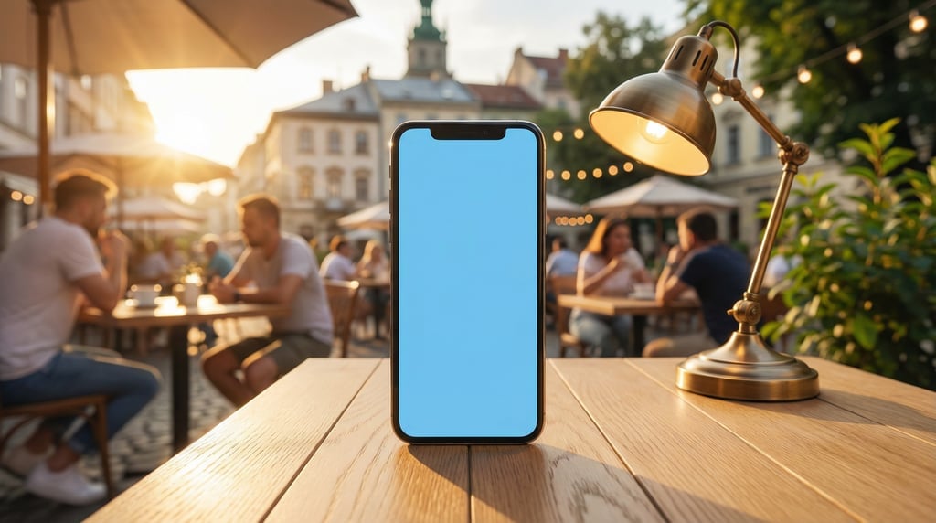 Smartphone on a light oak desk, blank solid sky blue screen with no content or UI